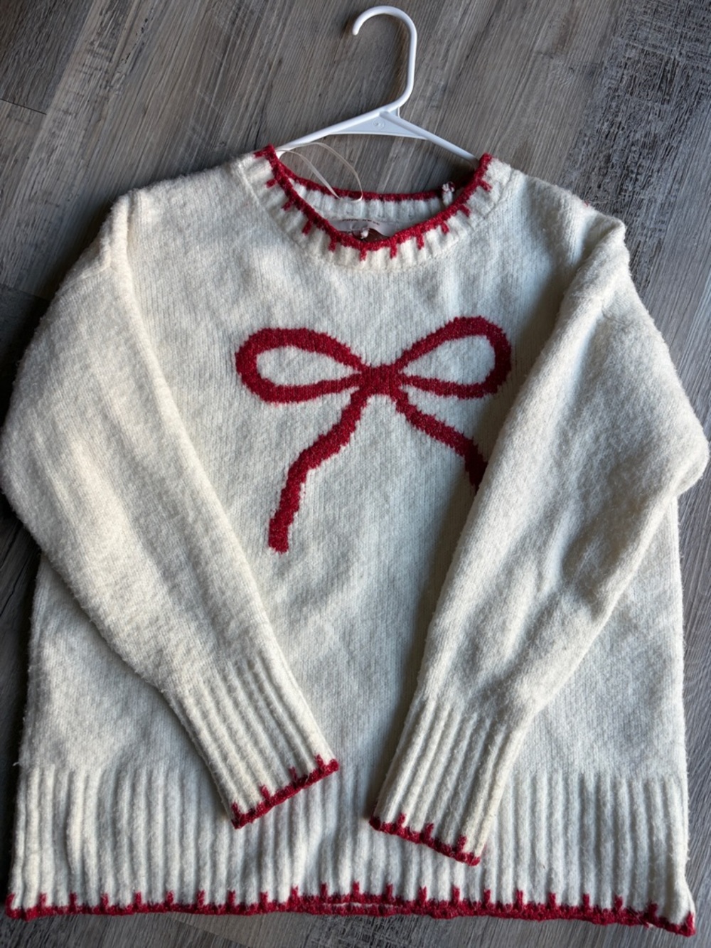 Pink Rose Cream Sweater with Red Bow Detail